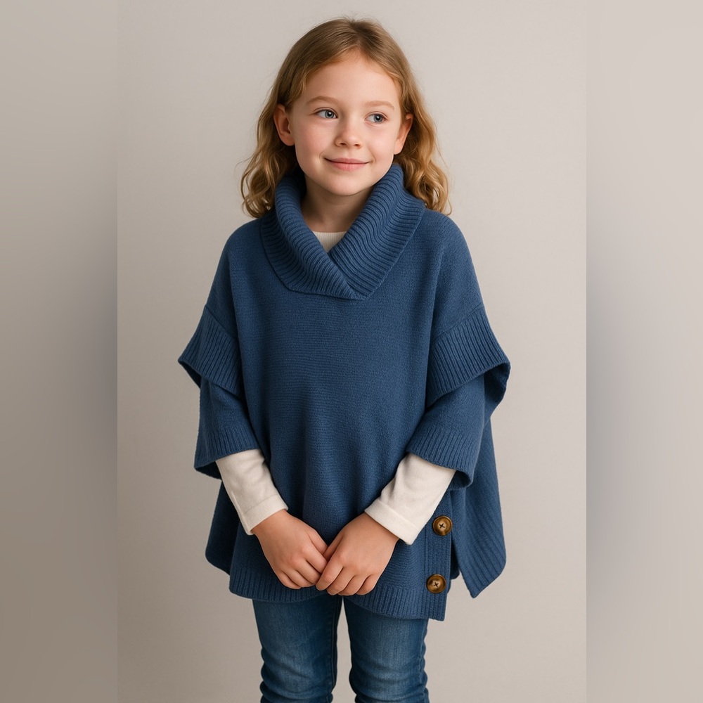 Takara Girl Blue Knit Poncho Sweater Shawl Large | Button Side Ribbed Pullover